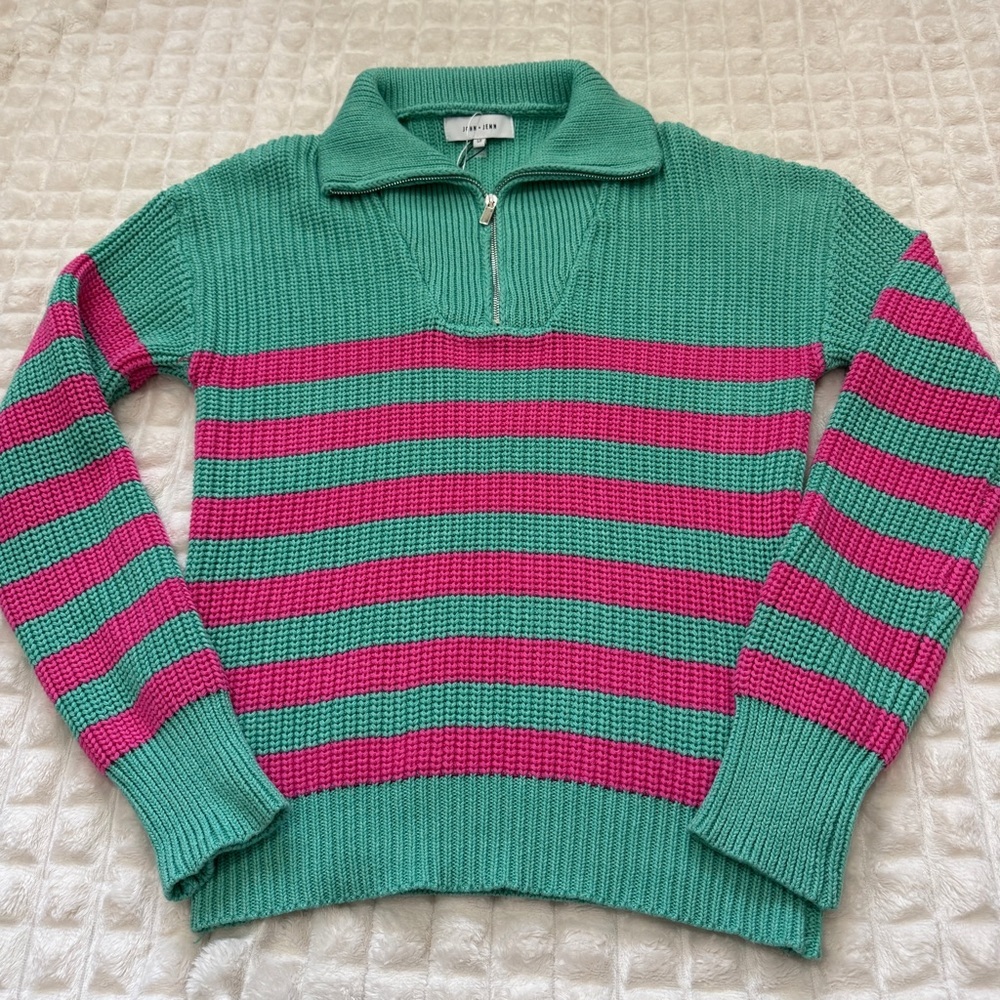 John + Jenn Small Green & Pink Striped Stripe‎ 1/4 Zip Chunky Sweater Preppy